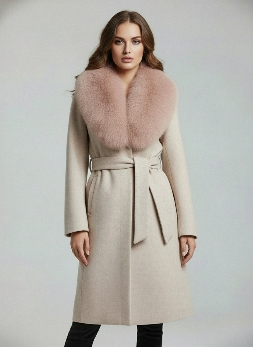 Palton din stofa Letitia, Roz Prafuit cu blana la guler