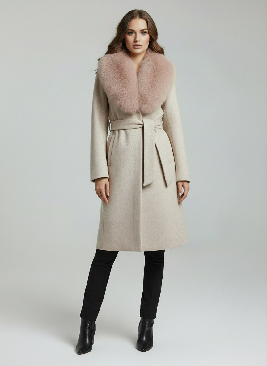 Palton din stofa Letitia, Roz Prafuit cu blana la guler