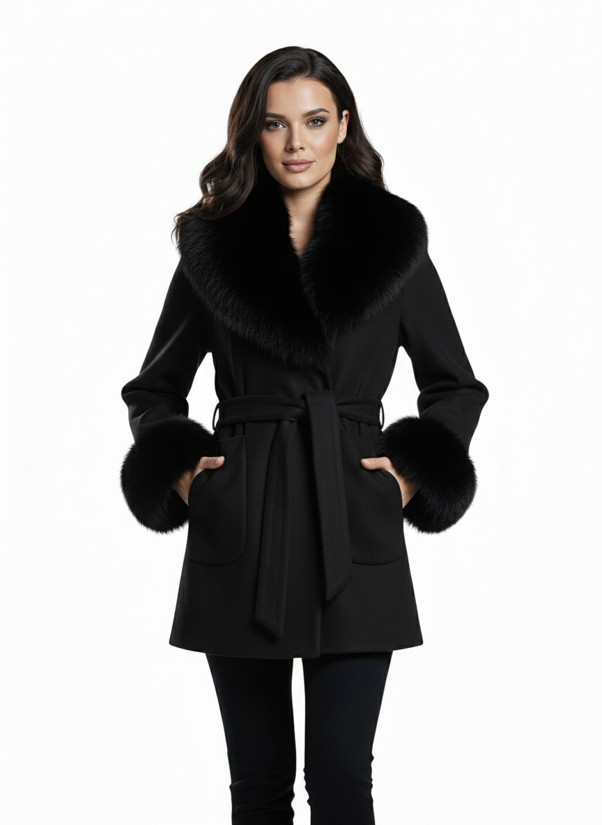 Palton din stofa Tania, Negru cu blana la guler