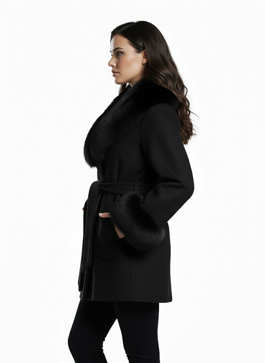 Palton din stofa Tania, Negru cu blana la guler