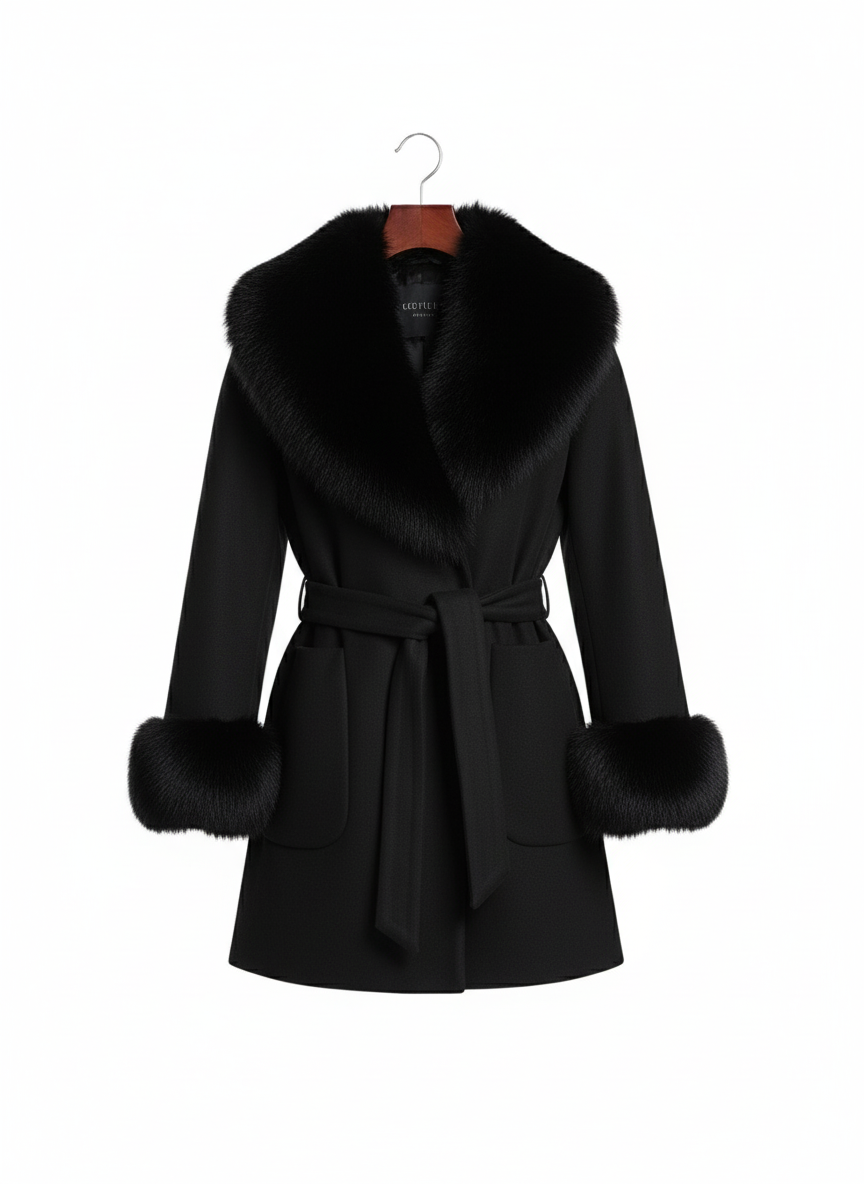 Palton din stofa Tania, Negru cu blana la guler