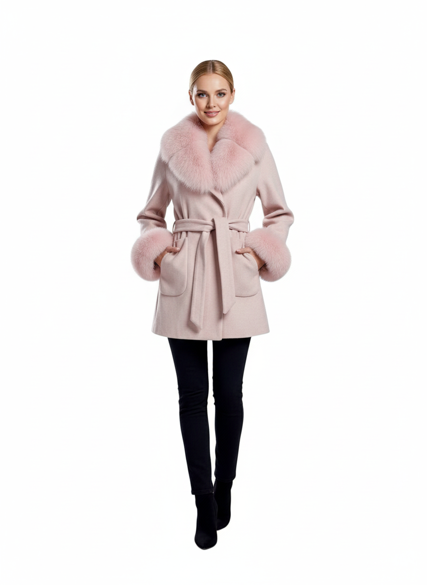 Palton din stofa Tania, Roz Prafuit cu blana la guler
