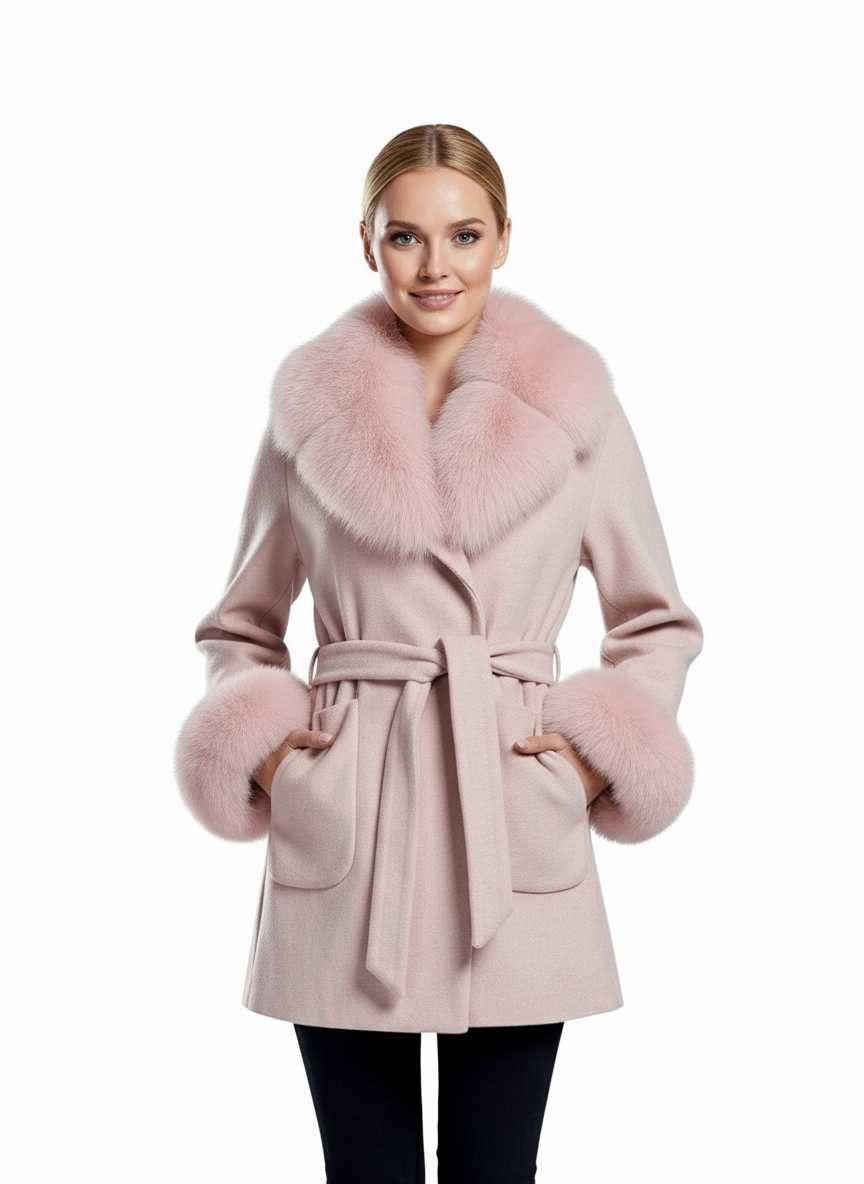 Palton din stofa Tania, Roz Prafuit cu blana la guler