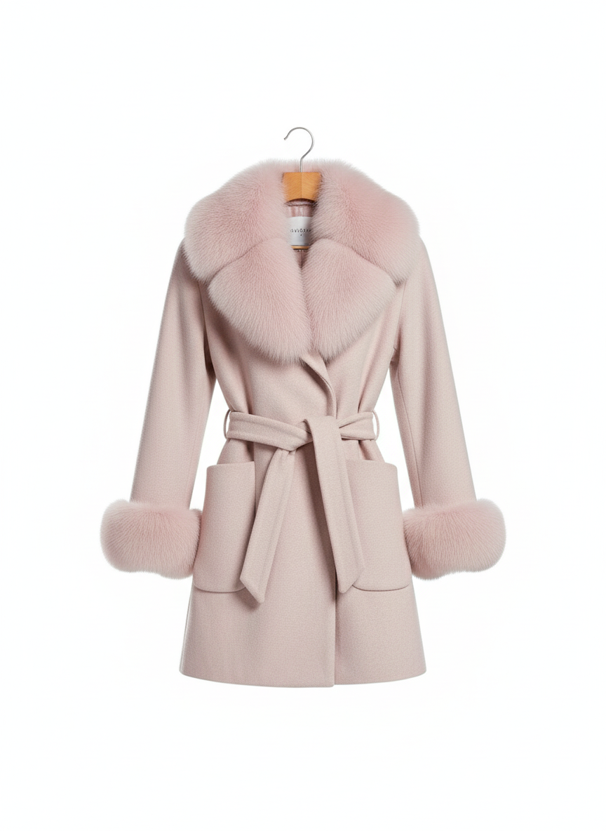 Palton din stofa Tania, Roz Prafuit cu blana la guler