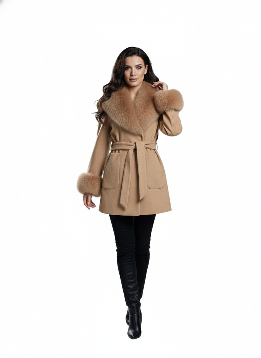 Palton din stofa Tania, Nude cu blana la guler