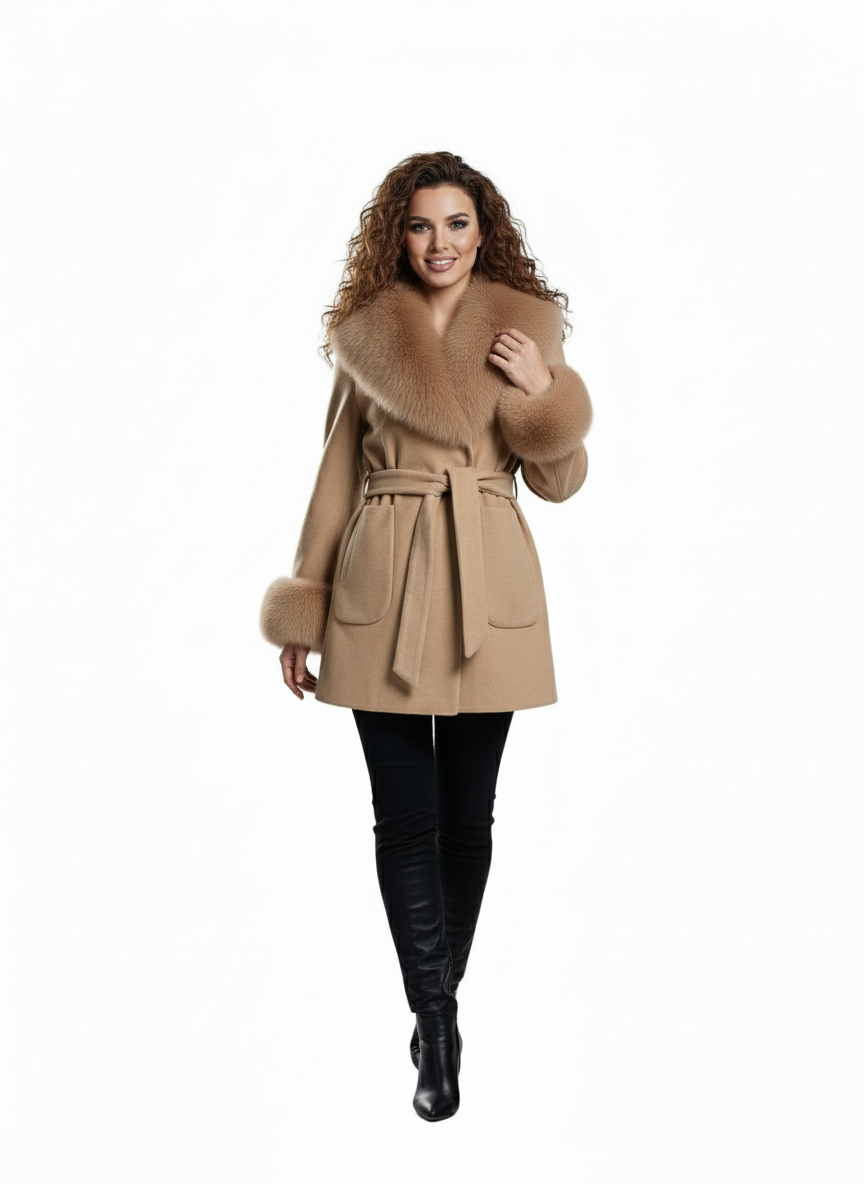 Palton din stofa Tania, Nude cu blana la guler