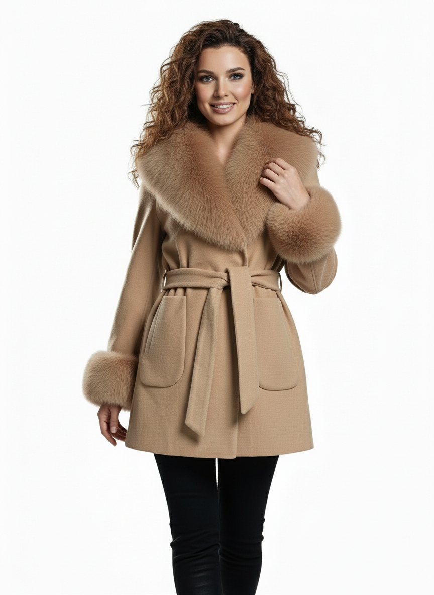 Palton din stofa Tania, Nude cu blana la guler