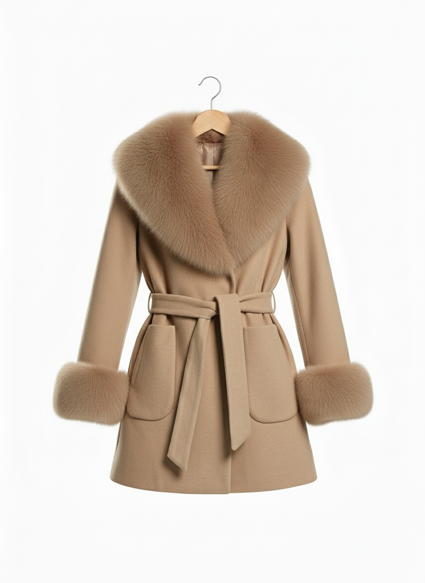 Palton din stofa Tania, Nude cu blana la guler