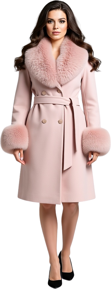 Palton din stofa Katerina, Roz cu blana la guler si mansete