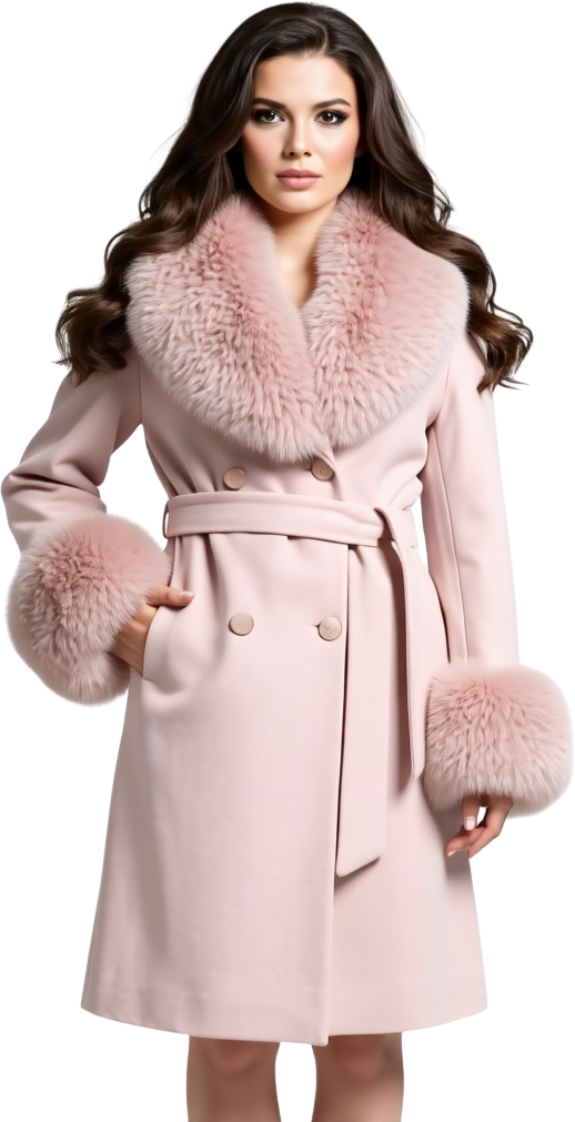 Palton din stofa Katerina, Roz cu blana la guler si mansete