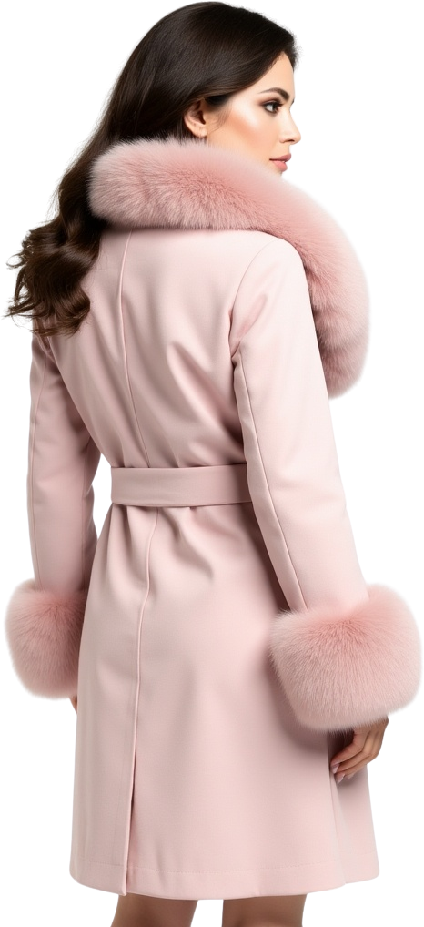 Palton din stofa Katerina, Roz cu blana la guler si mansete