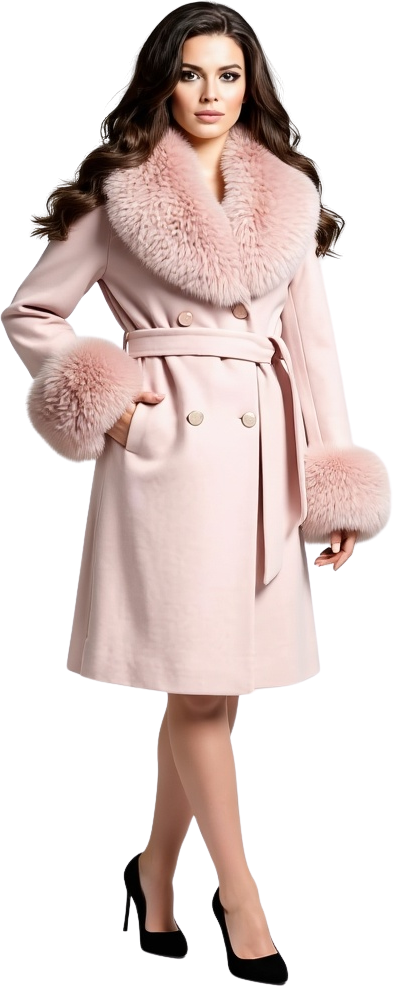 Palton din stofa Katerina, Roz cu blana la guler si mansete