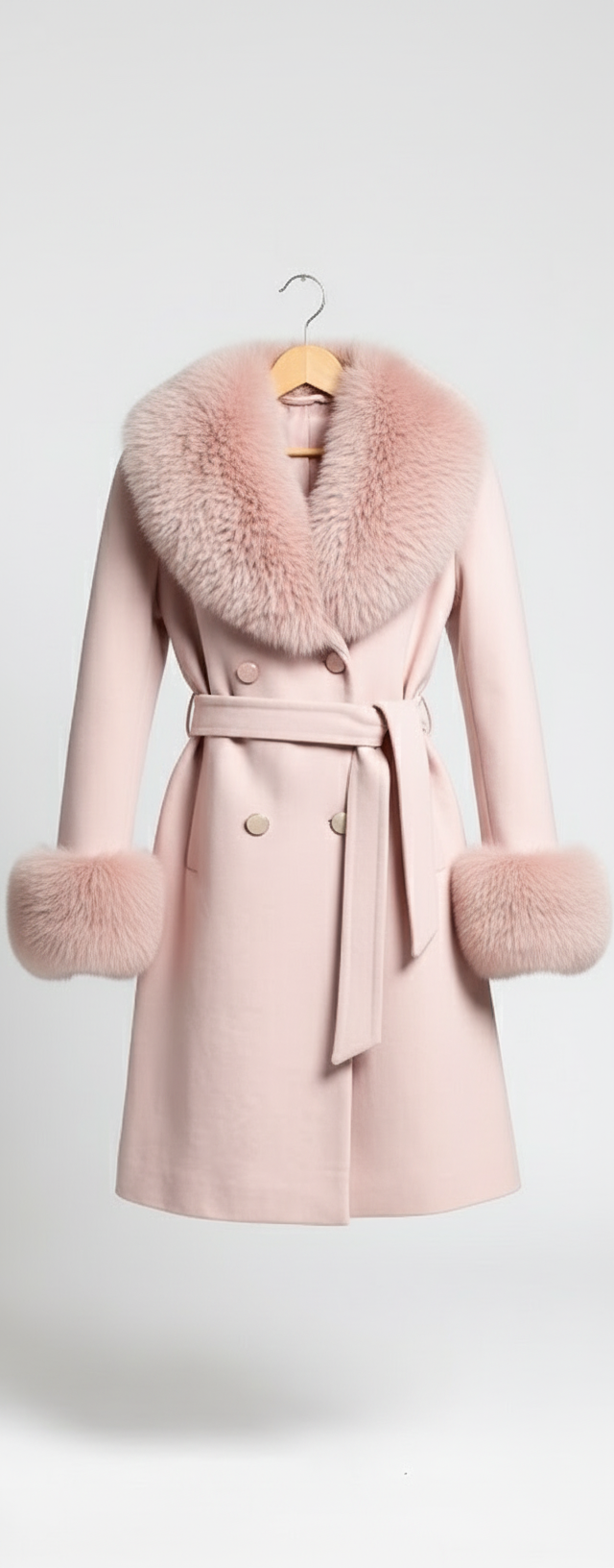 Palton din stofa Katerina, Roz cu blana la guler si mansete