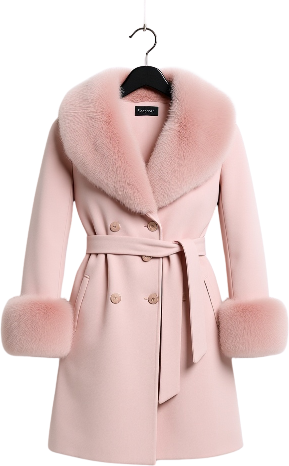 Palton din stofa Katerina, Roz cu blana la guler si mansete