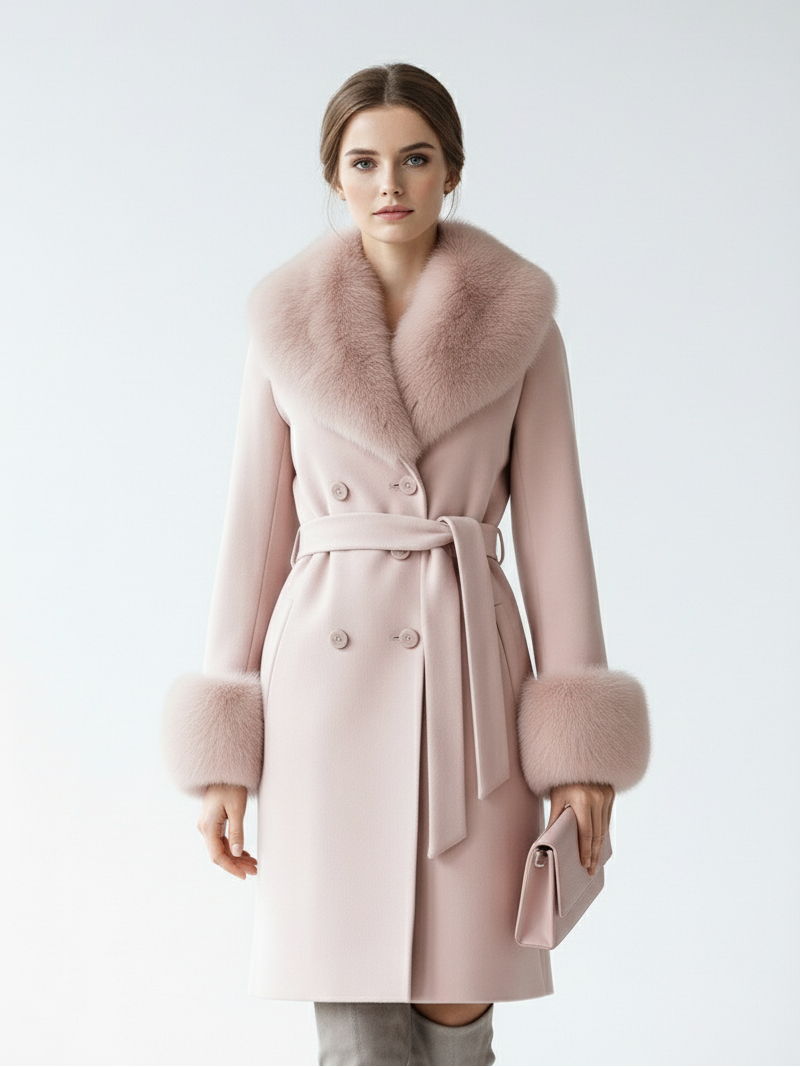 Palton din stofa Katerina, Roz cu blana la guler si mansete