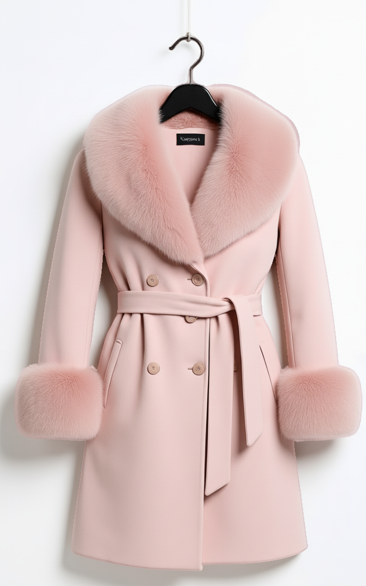 Palton din stofa Katerina, Roz cu blana la guler si mansete