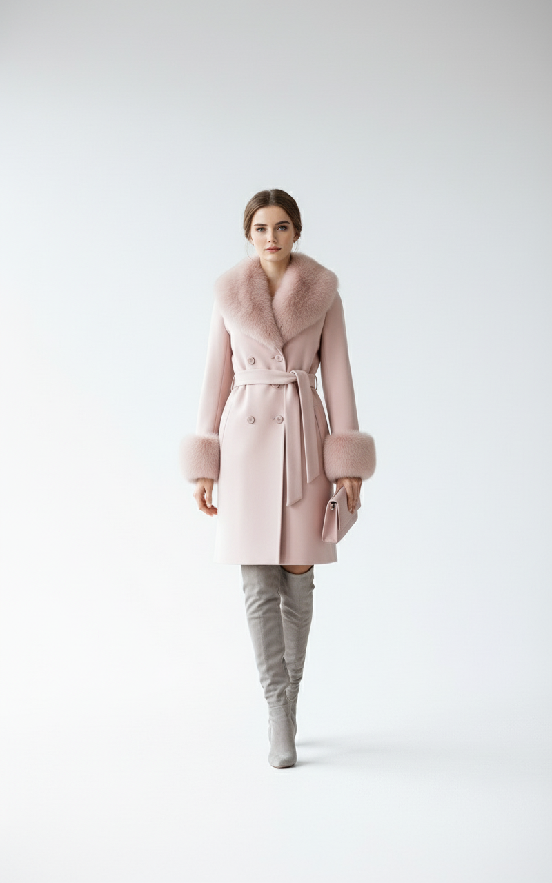 Palton din stofa Katerina, Roz cu blana la guler si mansete