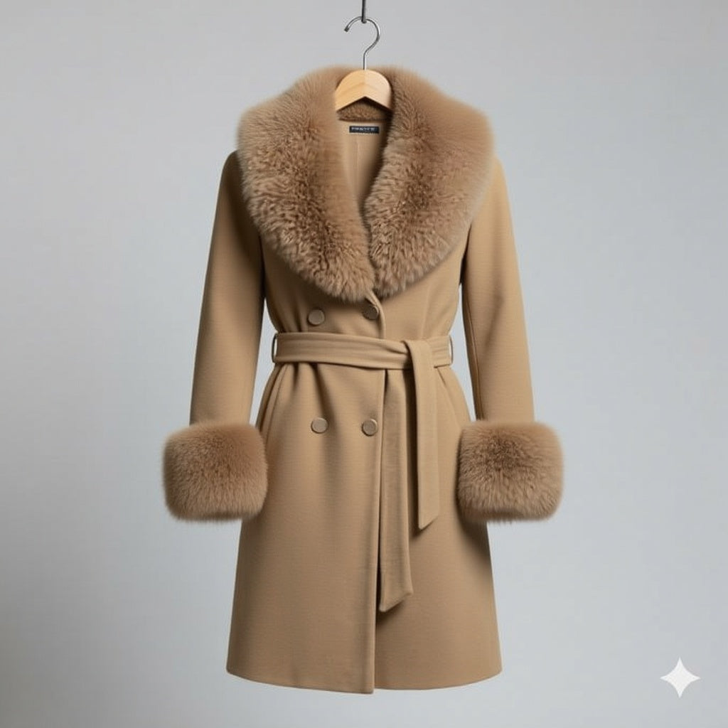Palton din stofa Katerina, Maro cu blana la guler si mansete