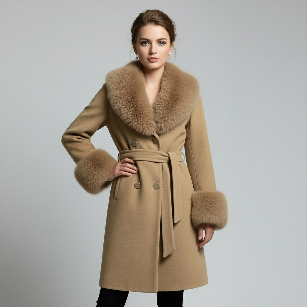 Palton din stofa Katerina, Maro cu blana la guler si mansete