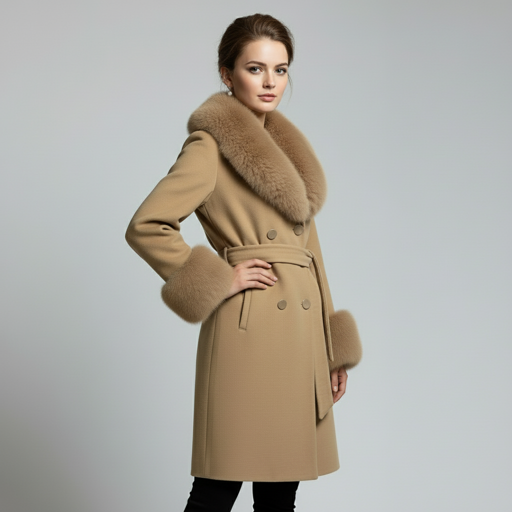 Palton din stofa Katerina, Maro cu blana la guler si mansete