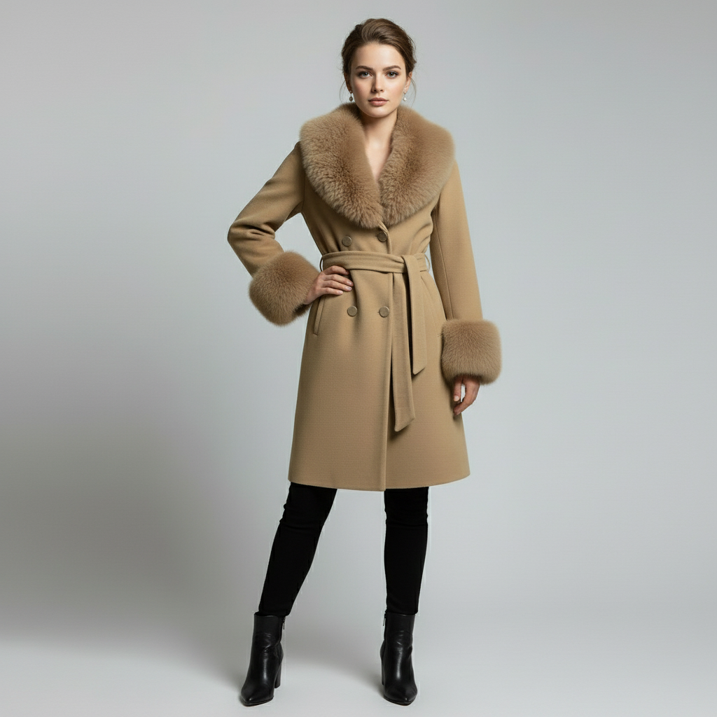 Palton din stofa Katerina, Maro cu blana la guler si mansete