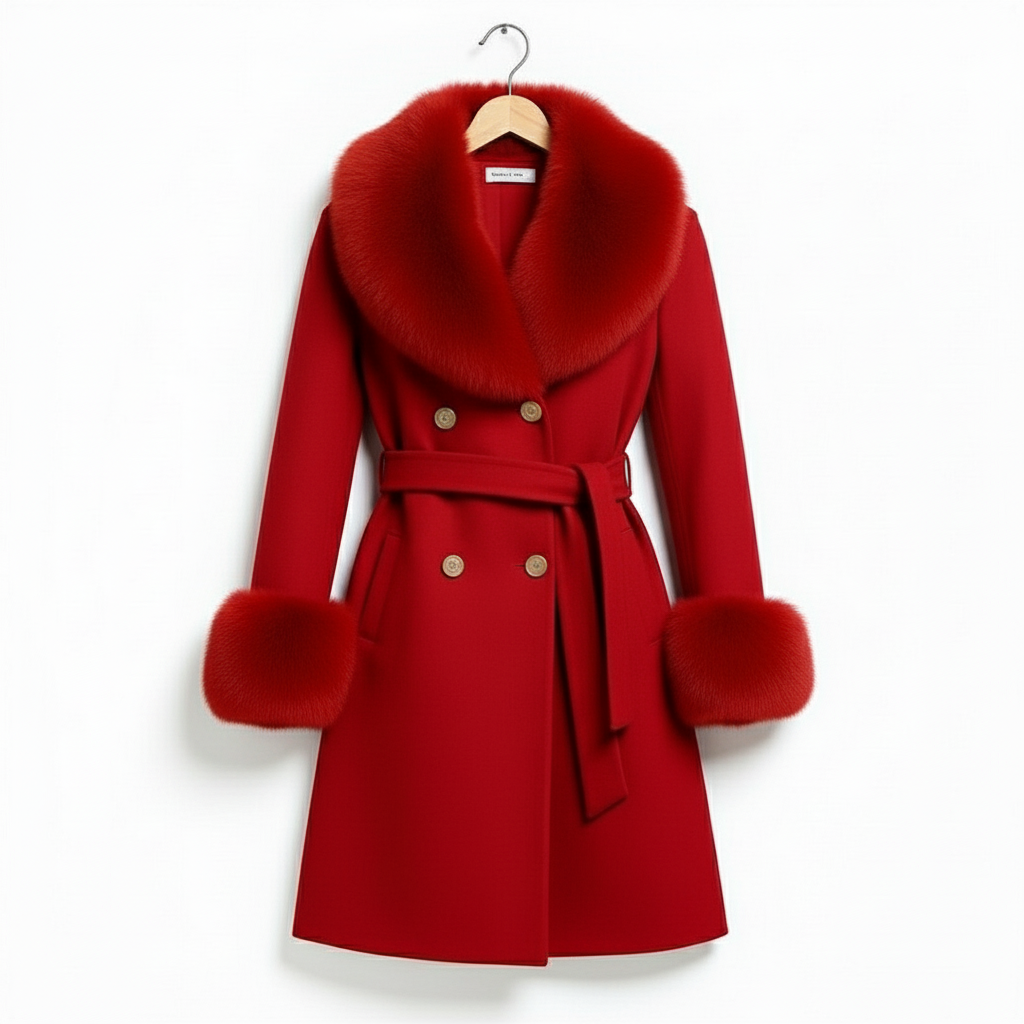 Palton din stofa Katerina, Rosu cu blana la guler si mansete