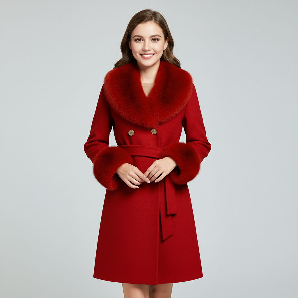 Palton din stofa Katerina, Rosu cu blana la guler si mansete