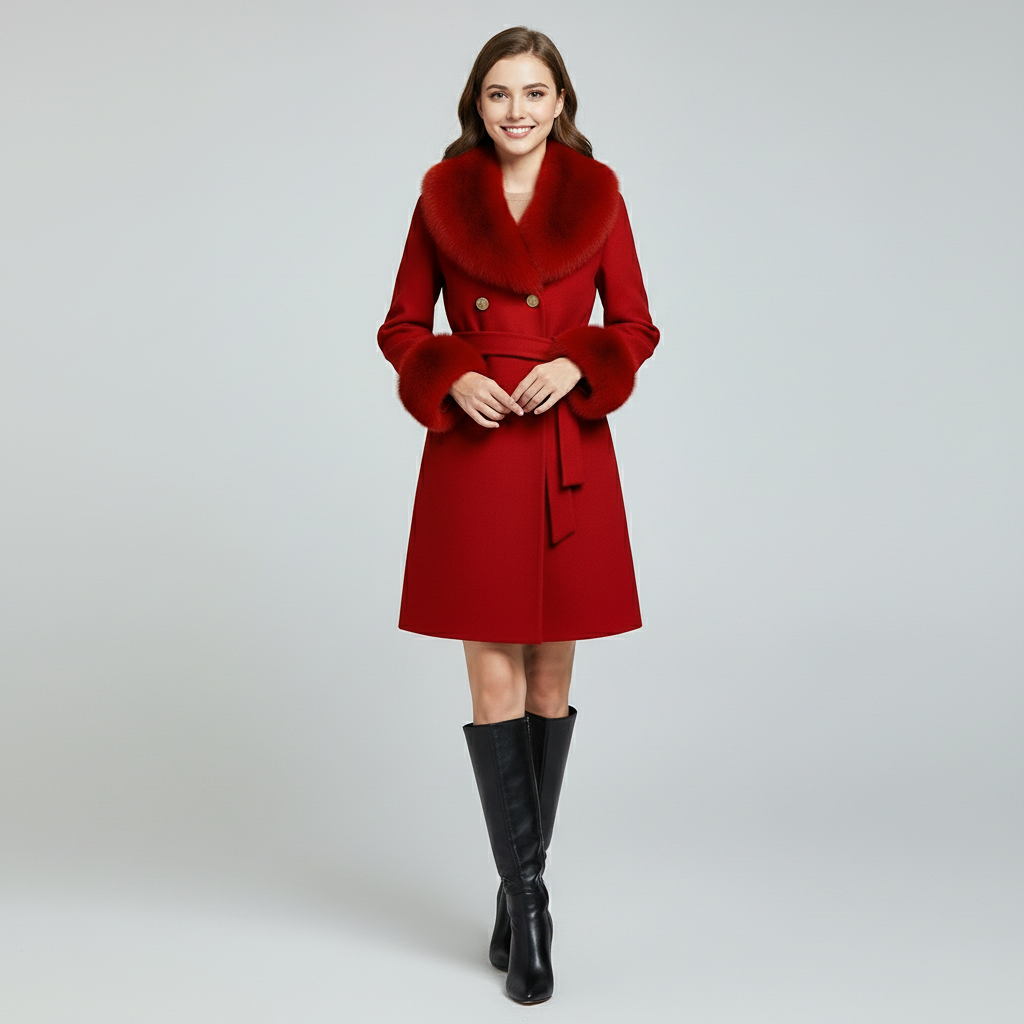 Palton din stofa Katerina, Rosu cu blana la guler si mansete