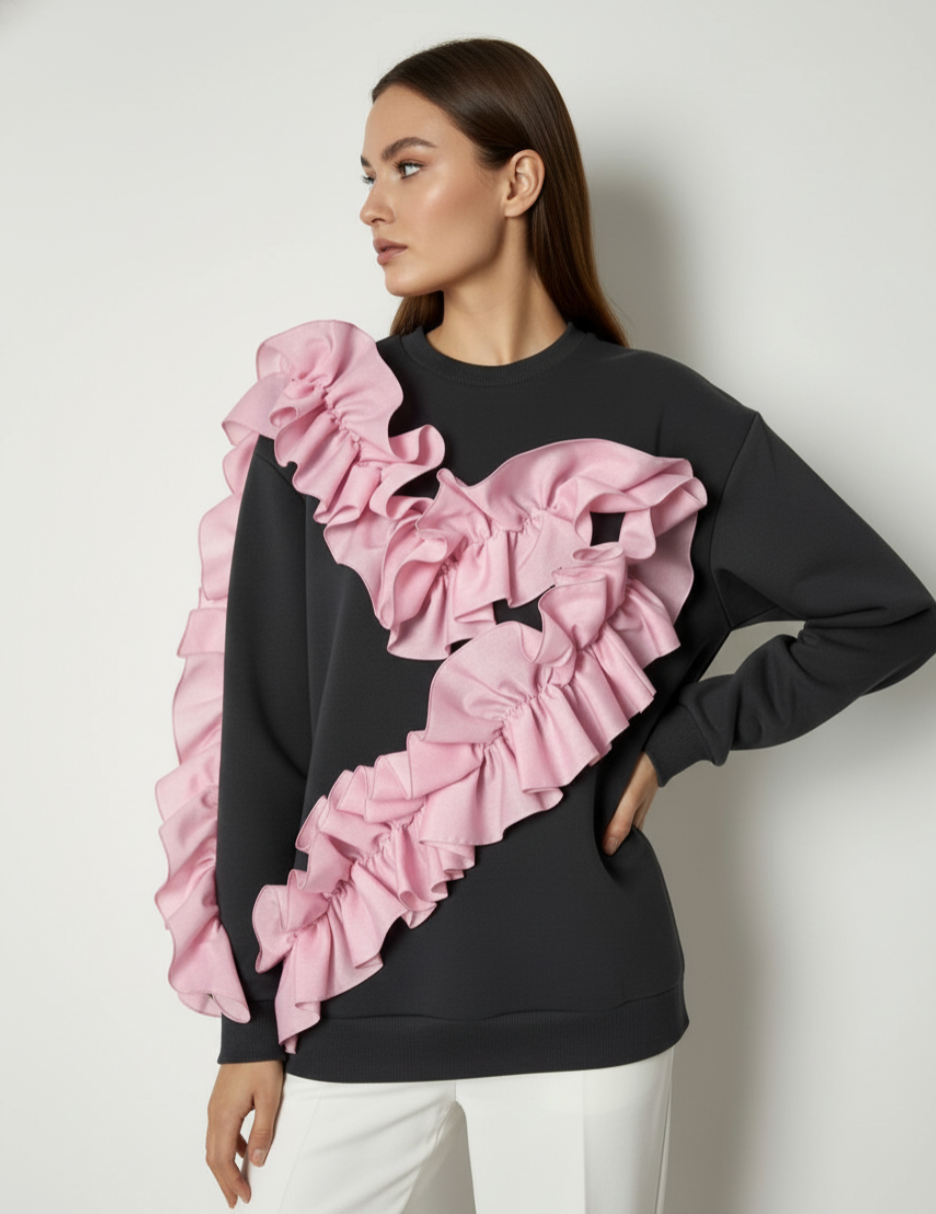 Ruffle Love Grey – bluza damă cu volane | ETHERA