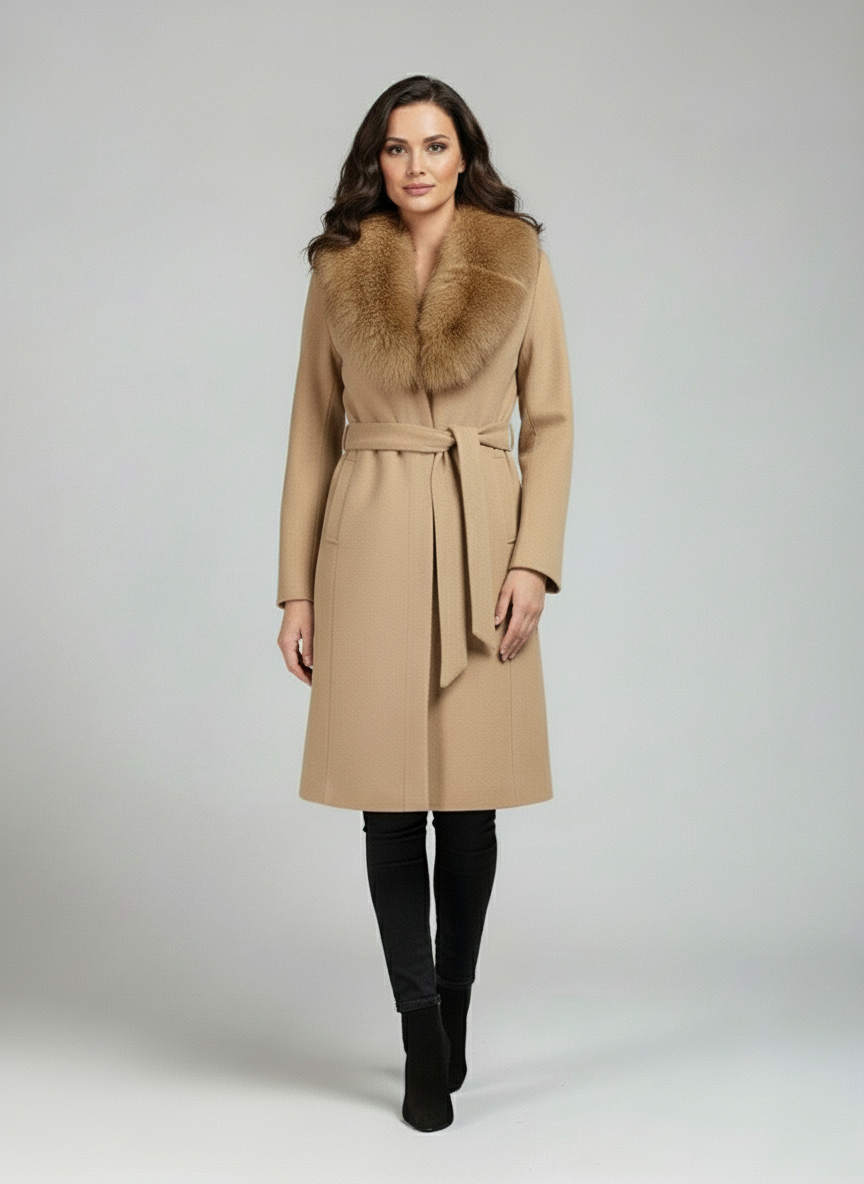 Palton din stofa Letitia,  cu blana la guler