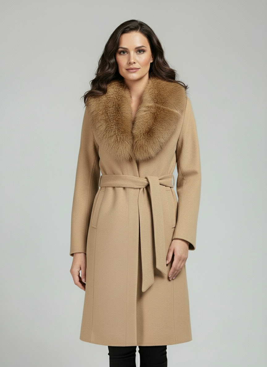 Palton din stofa Letitia,  cu blana la guler