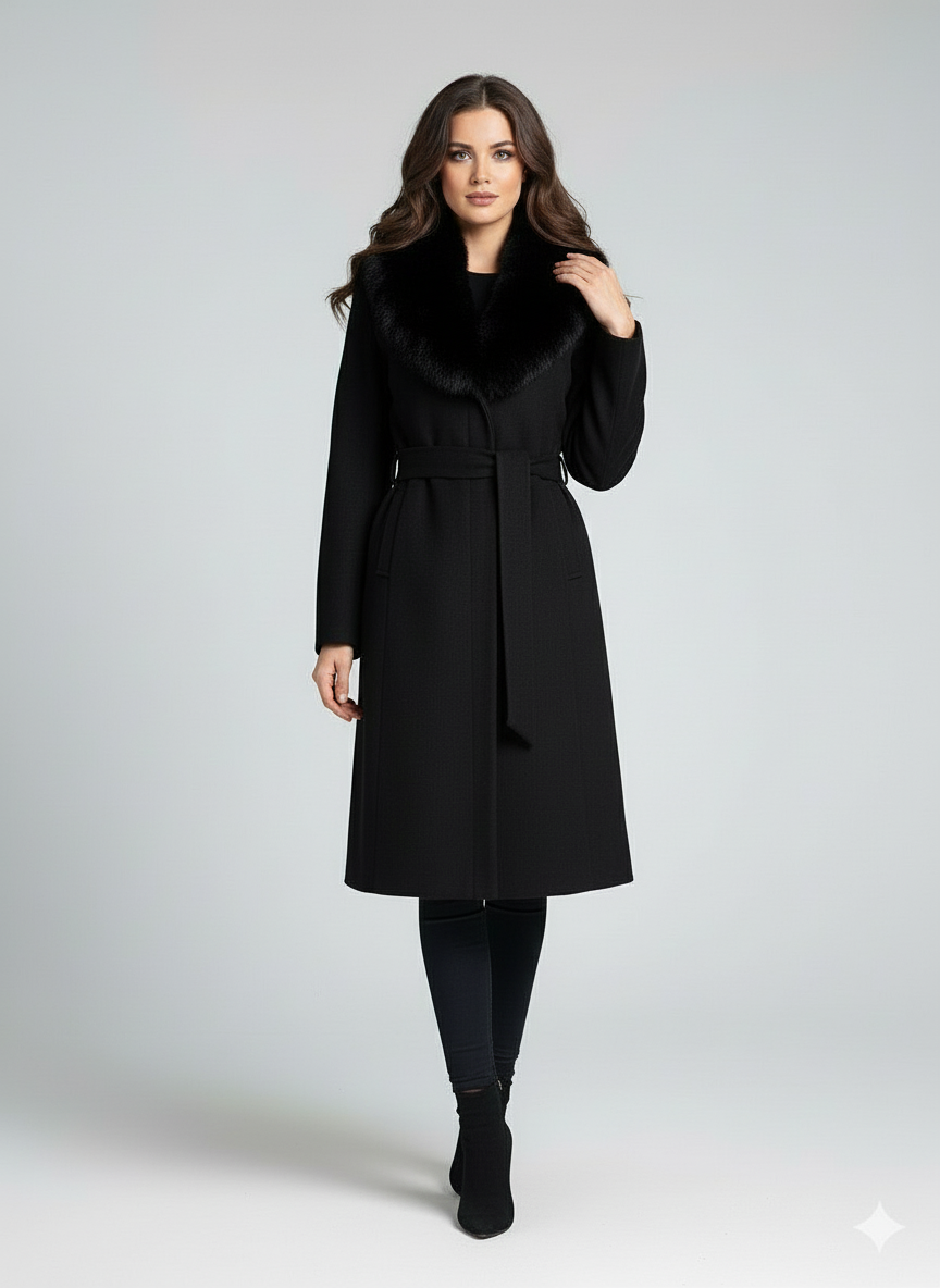 Palton din stofa Letitia, Negru cu blana la guler