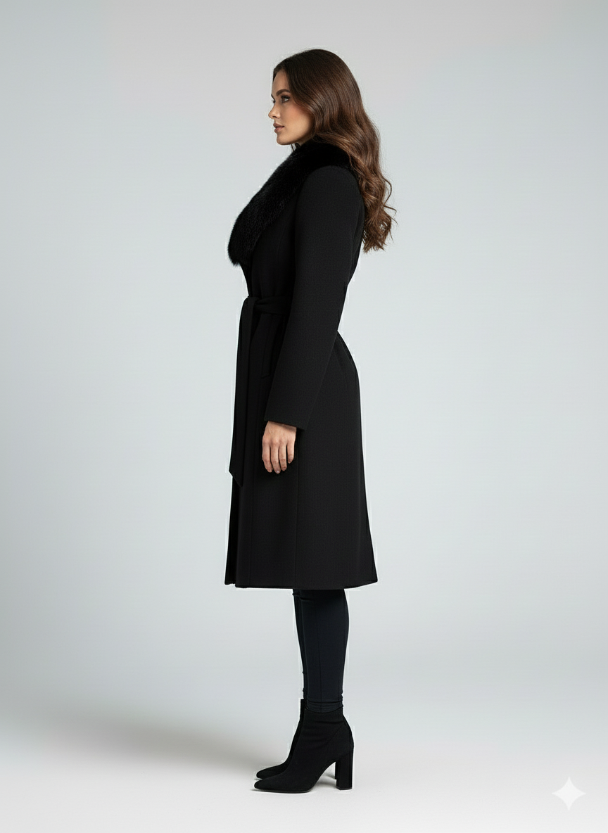 Palton din stofa Letitia, Negru cu blana la guler