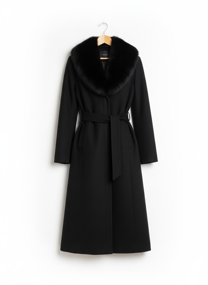Palton din stofa Letitia, Negru cu blana la guler