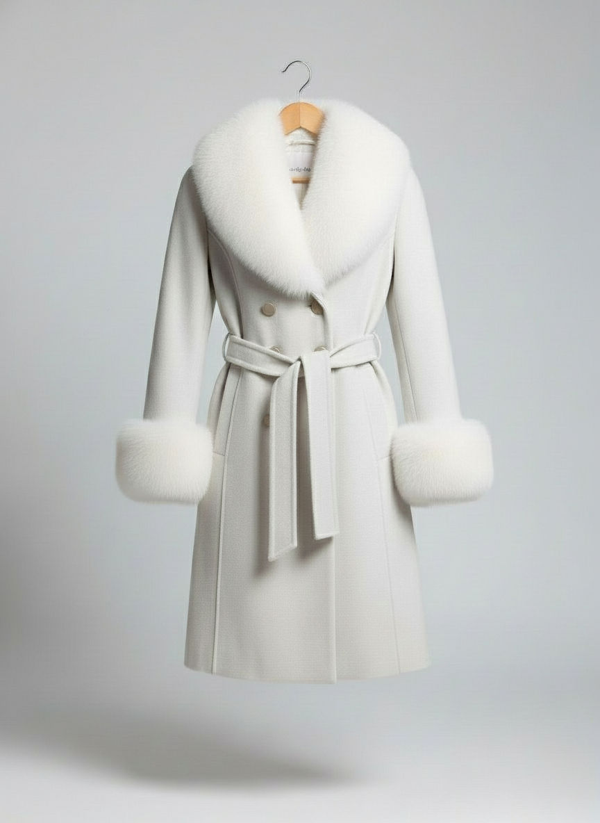 Palton din stofa Katerina, Alb cu blana la guler si mansete