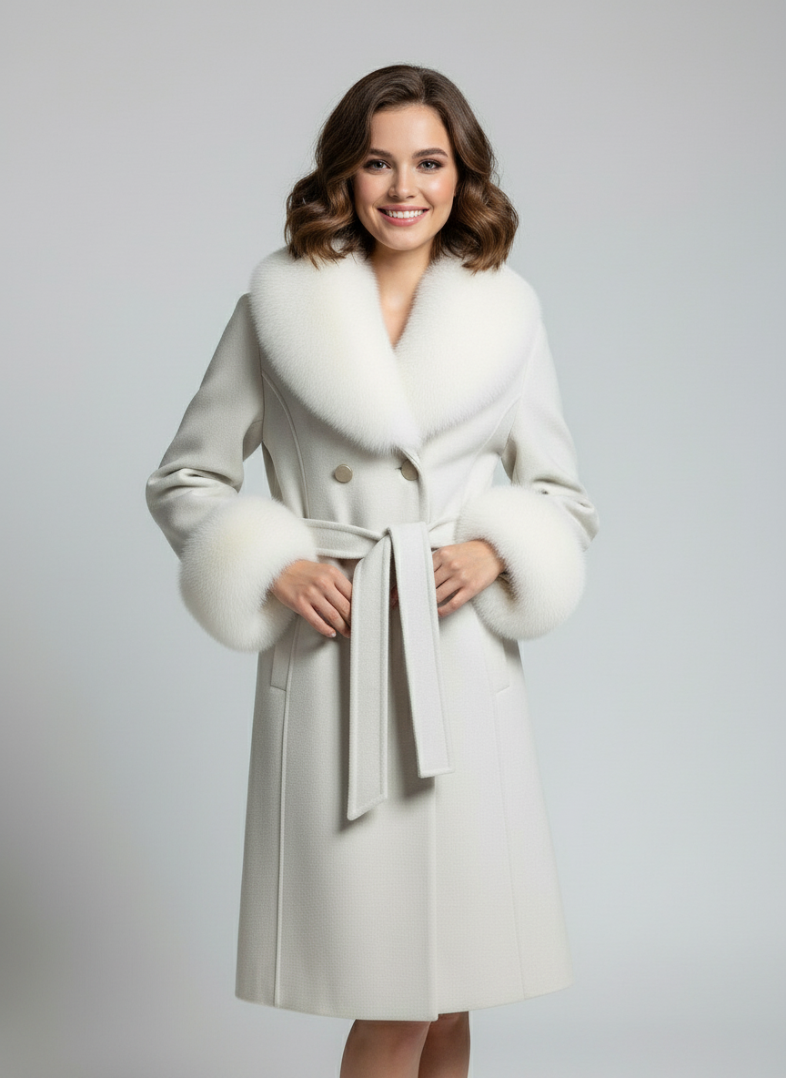 Palton din stofa Katerina, Alb cu blana la guler si mansete