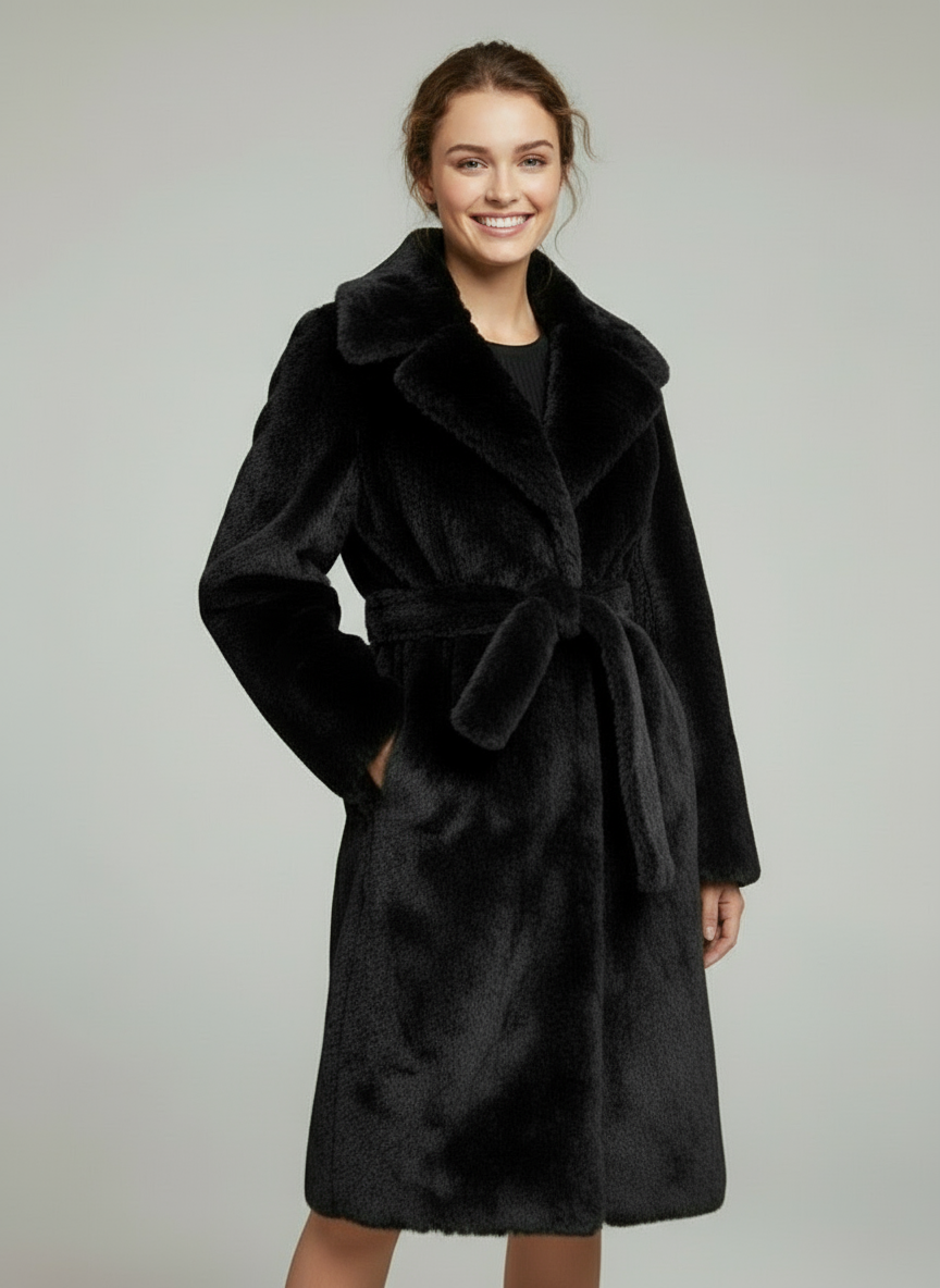 Haina din Blana Eco Evelyn, Negru cu cordin in talie