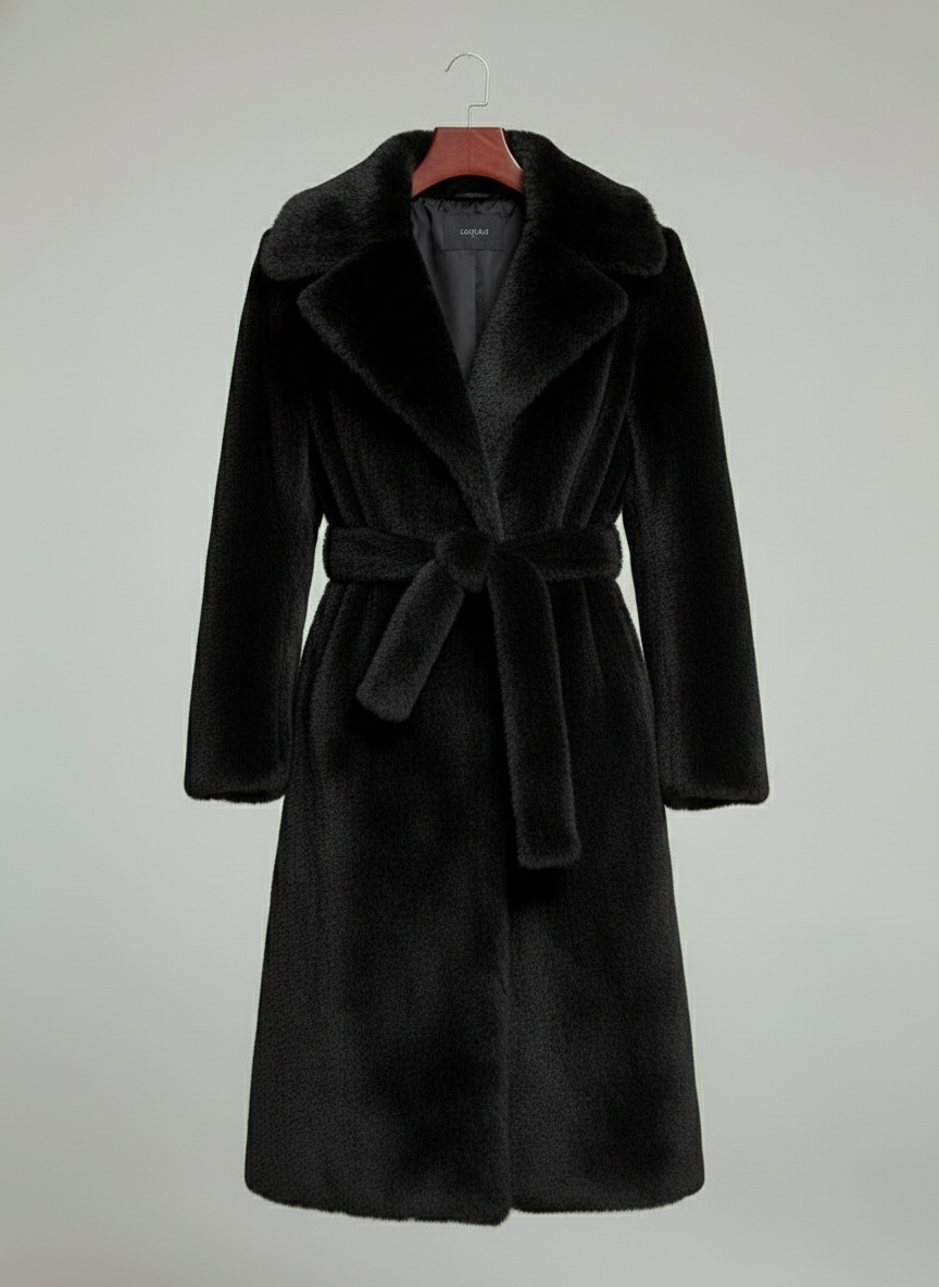 Haina din Blana Eco Evelyn, Negru cu cordin in talie