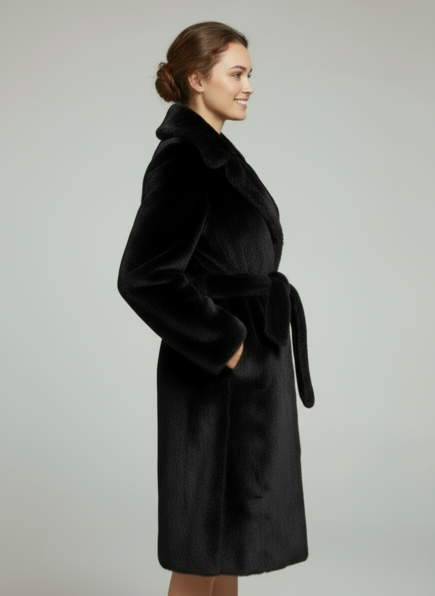 Haina din Blana Eco Evelyn, Negru cu cordin in talie