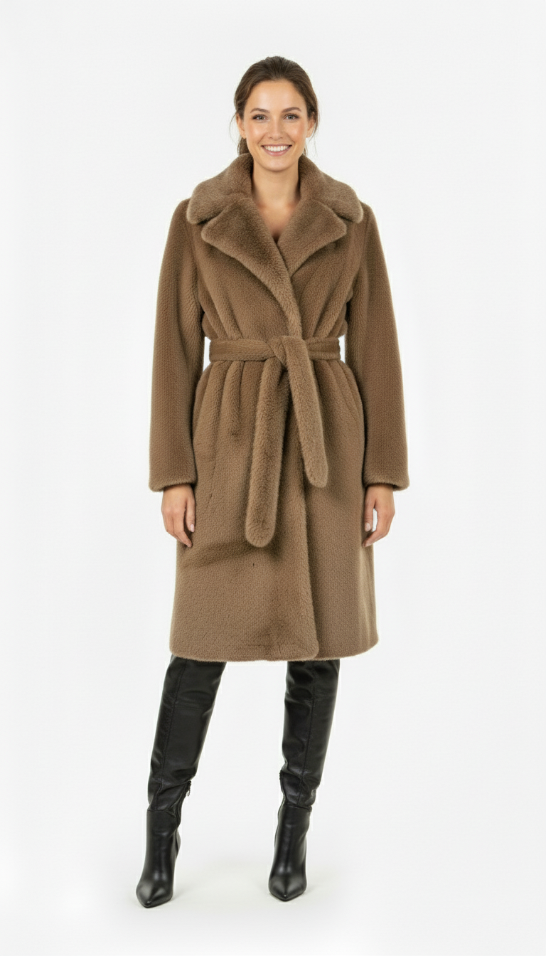 Haina din Blana Eco Evelyn, Brown cu cordin in talie