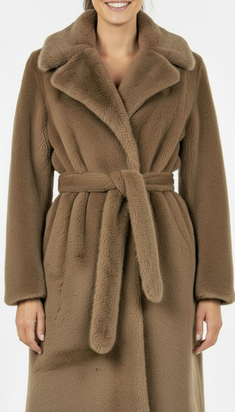 Haina din Blana Eco Evelyn, Brown cu cordin in talie