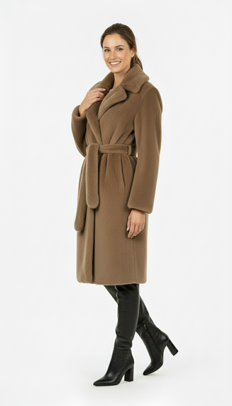 Haina din Blana Eco Evelyn, Brown cu cordin in talie