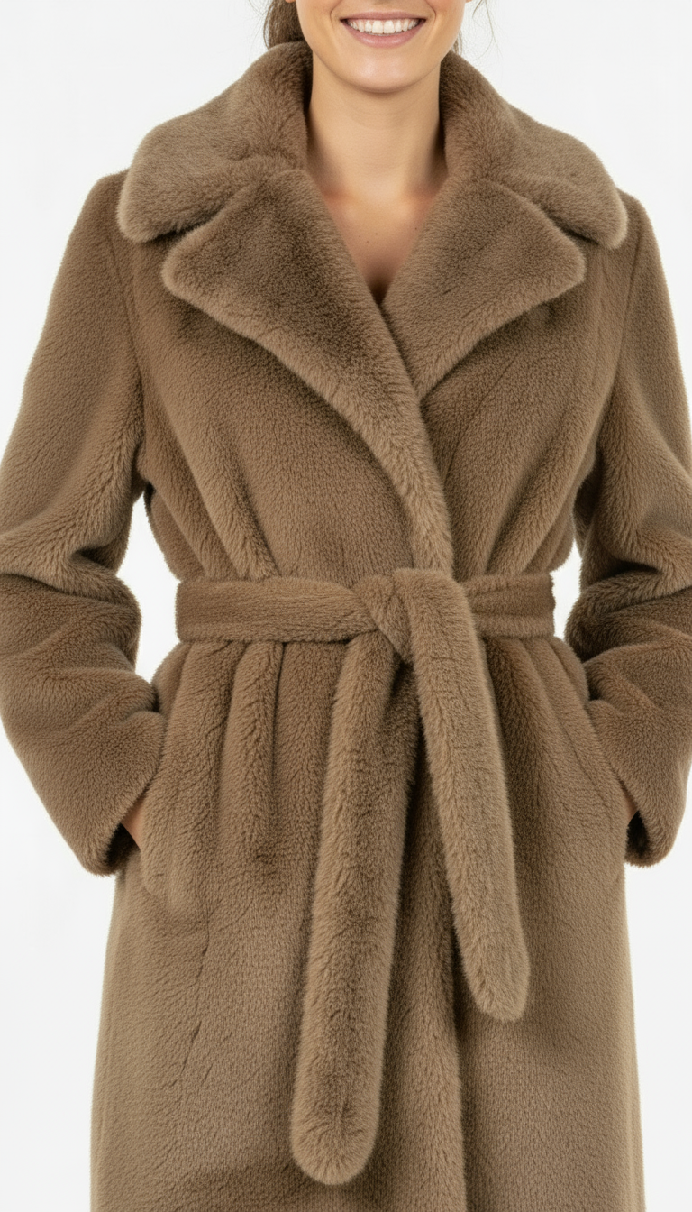 Haina din Blana Eco Evelyn, Brown cu cordin in talie