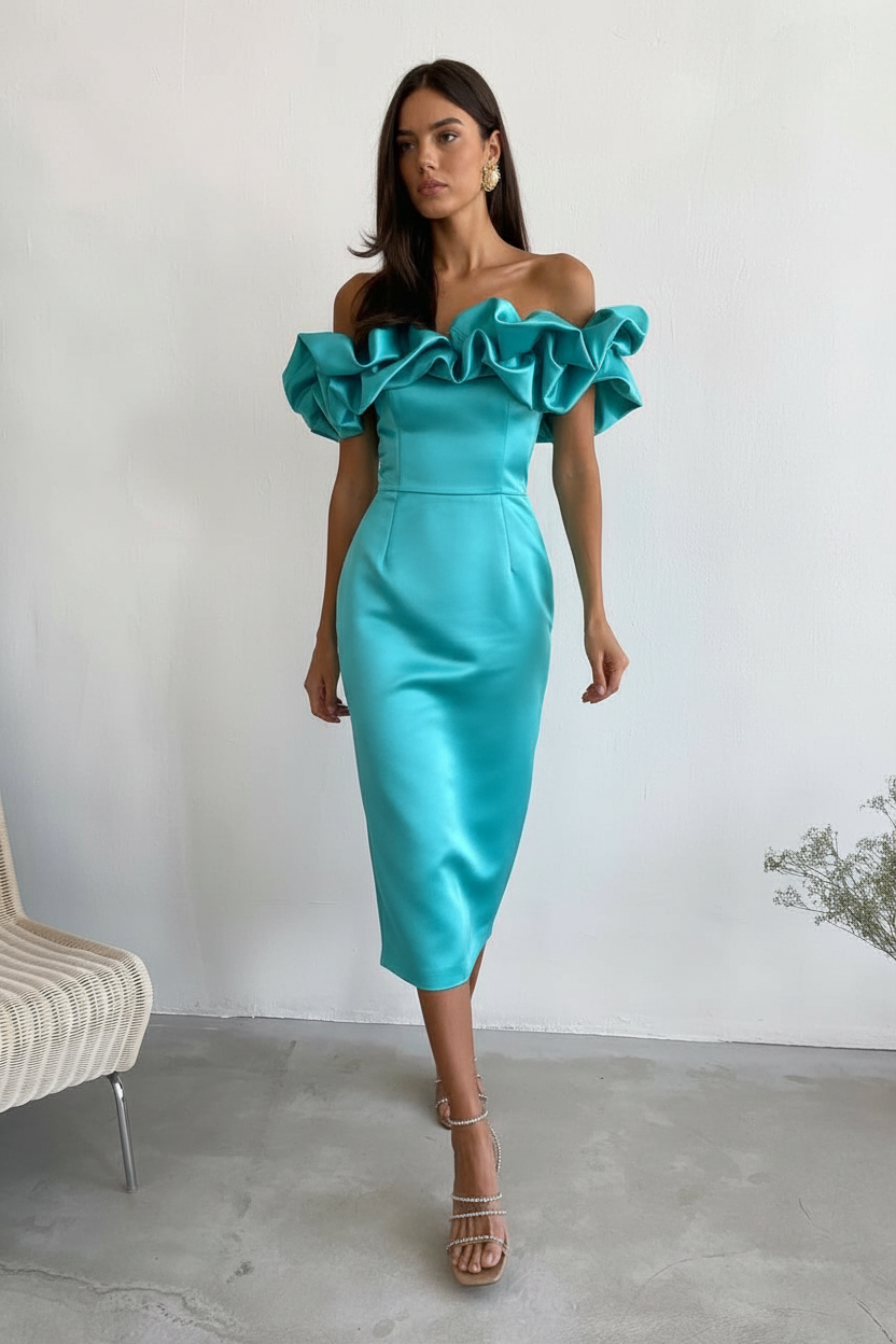Rochie Mystic, Long Variant, Satin Cotton Fabric, Event Ruffles Dress
