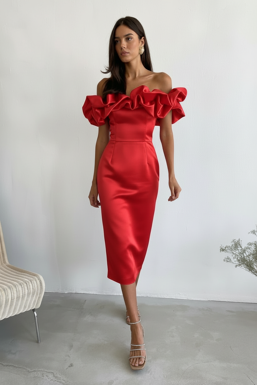 Rochie Mystic, Long Variant, Satin Cotton Fabric, Event Ruffles Dress