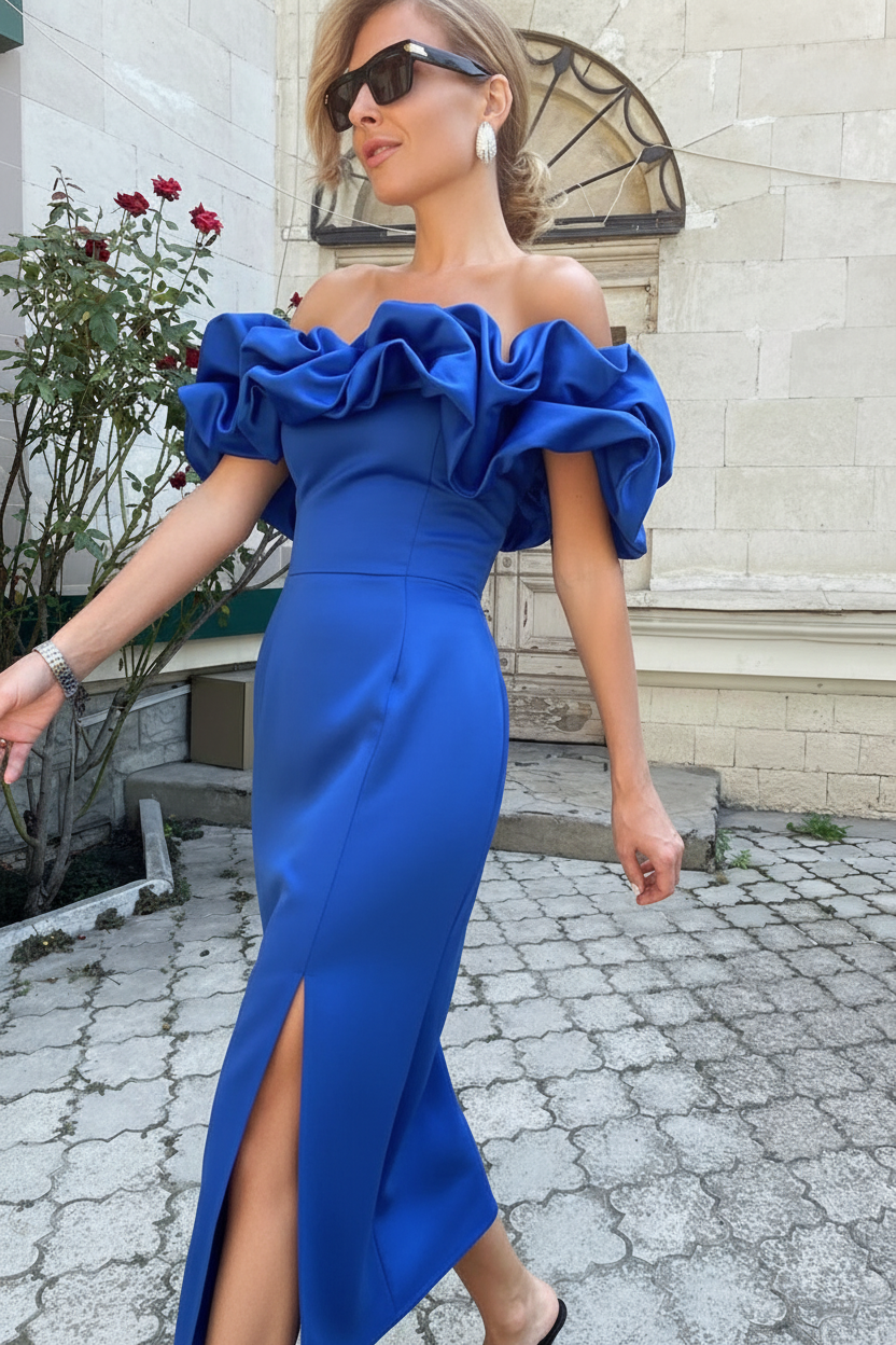 Rochie Mystic, Long Variant, Satin Cotton Fabric, Event Ruffles Dress