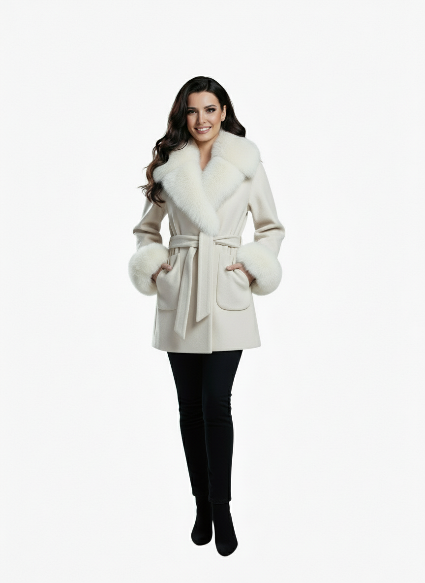 Palton din stofa Tania, Alb cu blana la guler
