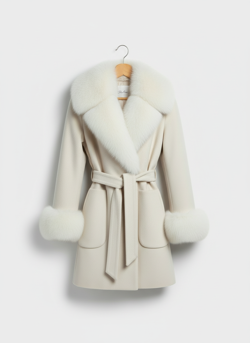 Palton din stofa Tania, Alb cu blana la guler