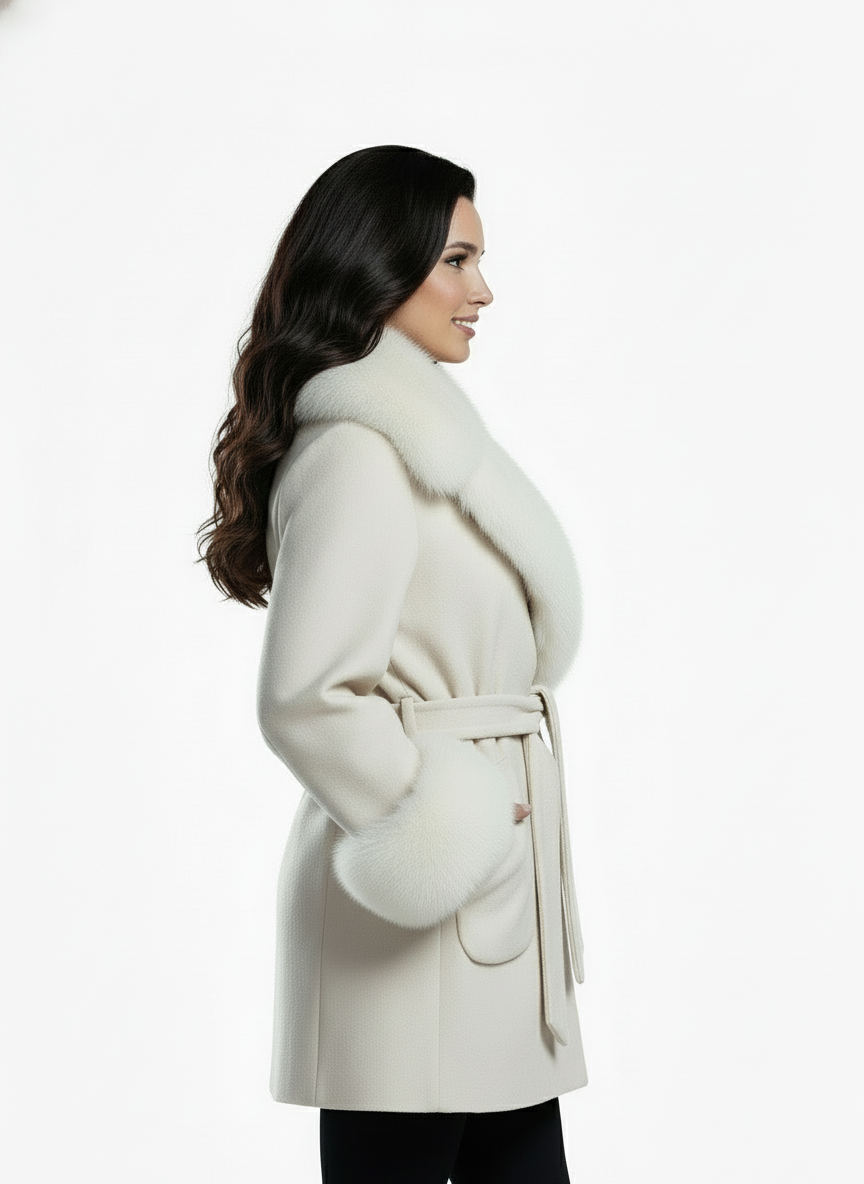 Palton din stofa Tania, Alb cu blana la guler