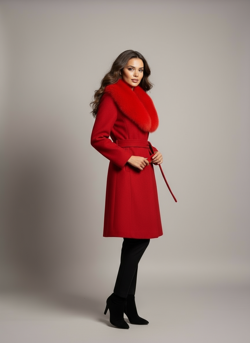 Palton din stofa Letitia, Rosu cu blana la guler